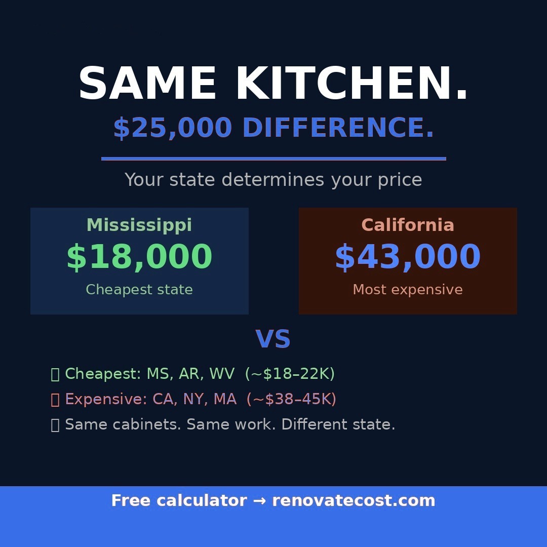 Kitchen remodel cost comparison by state — Mississippi averages $18,000 versus California at $43,000 for the same renovation.