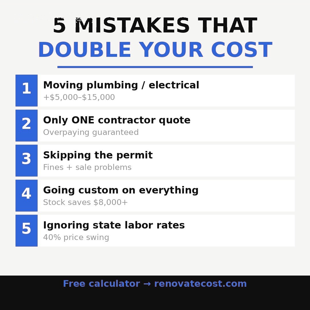 Five renovation budget mistakes that double your cost: moving plumbing or electrical, getting only one contractor quote, skipping permits, going custom on everything, and ignoring state labor rates.