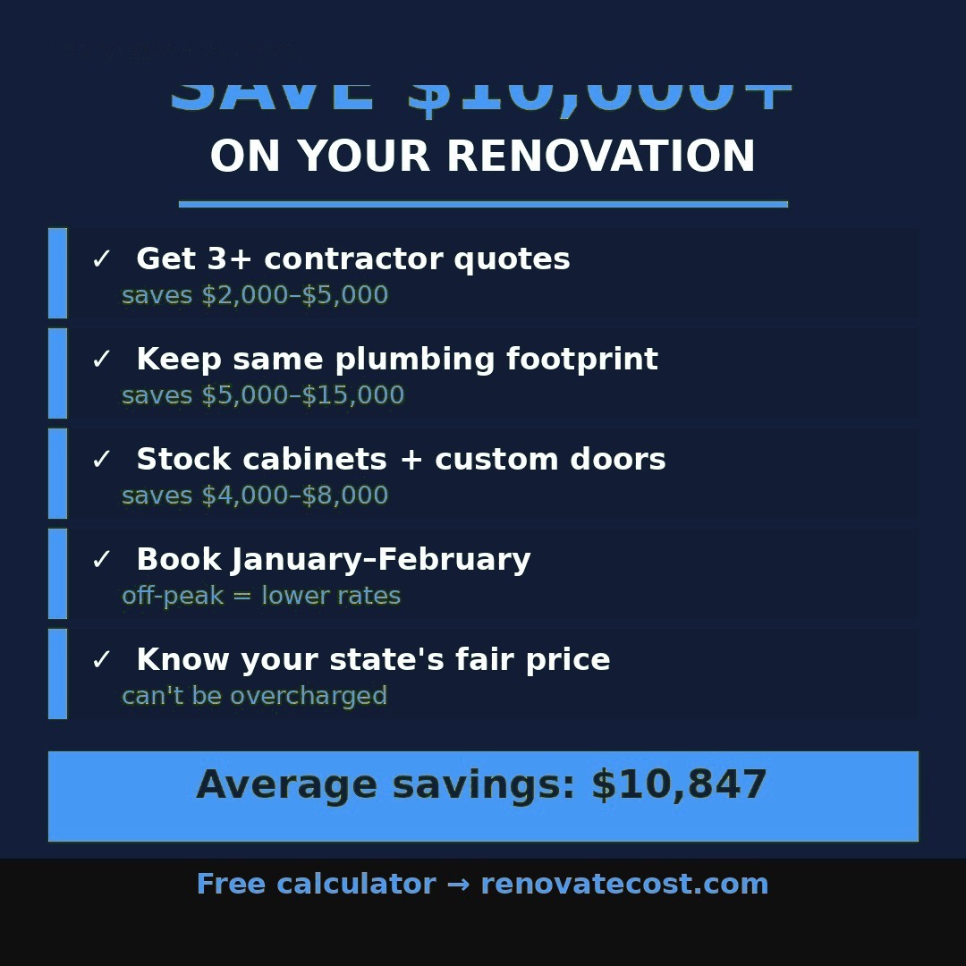 Five ways to save $10,000+ on a renovation: get 3+ contractor quotes, keep the same plumbing footprint, choose stock cabinets, book in the off-peak season, and know your state's fair price.