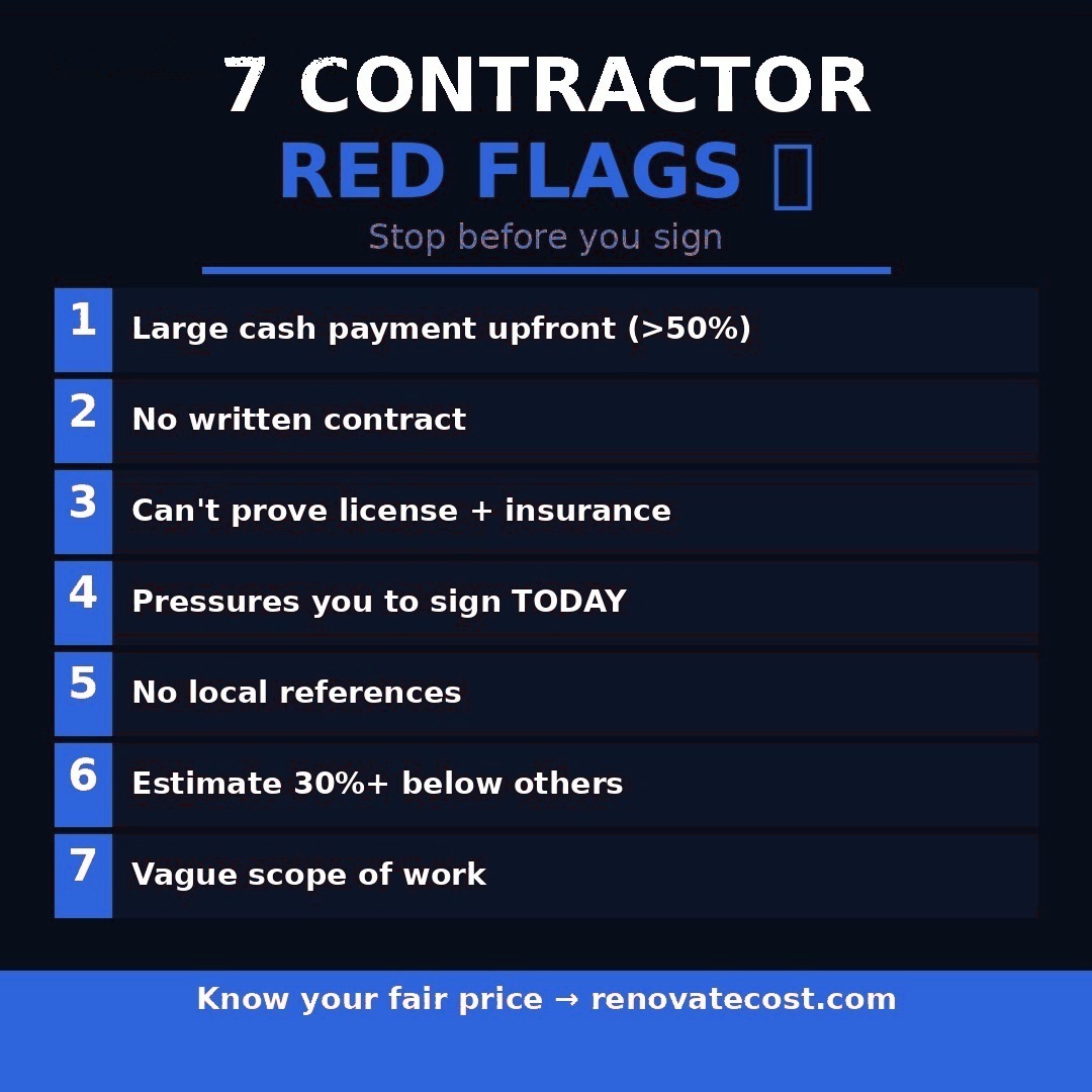 Seven contractor red flags to watch for: large upfront cash demands, no written contract, can't prove license or insurance, pressure to sign immediately, no local references, bids far below others, and vague scope of work.