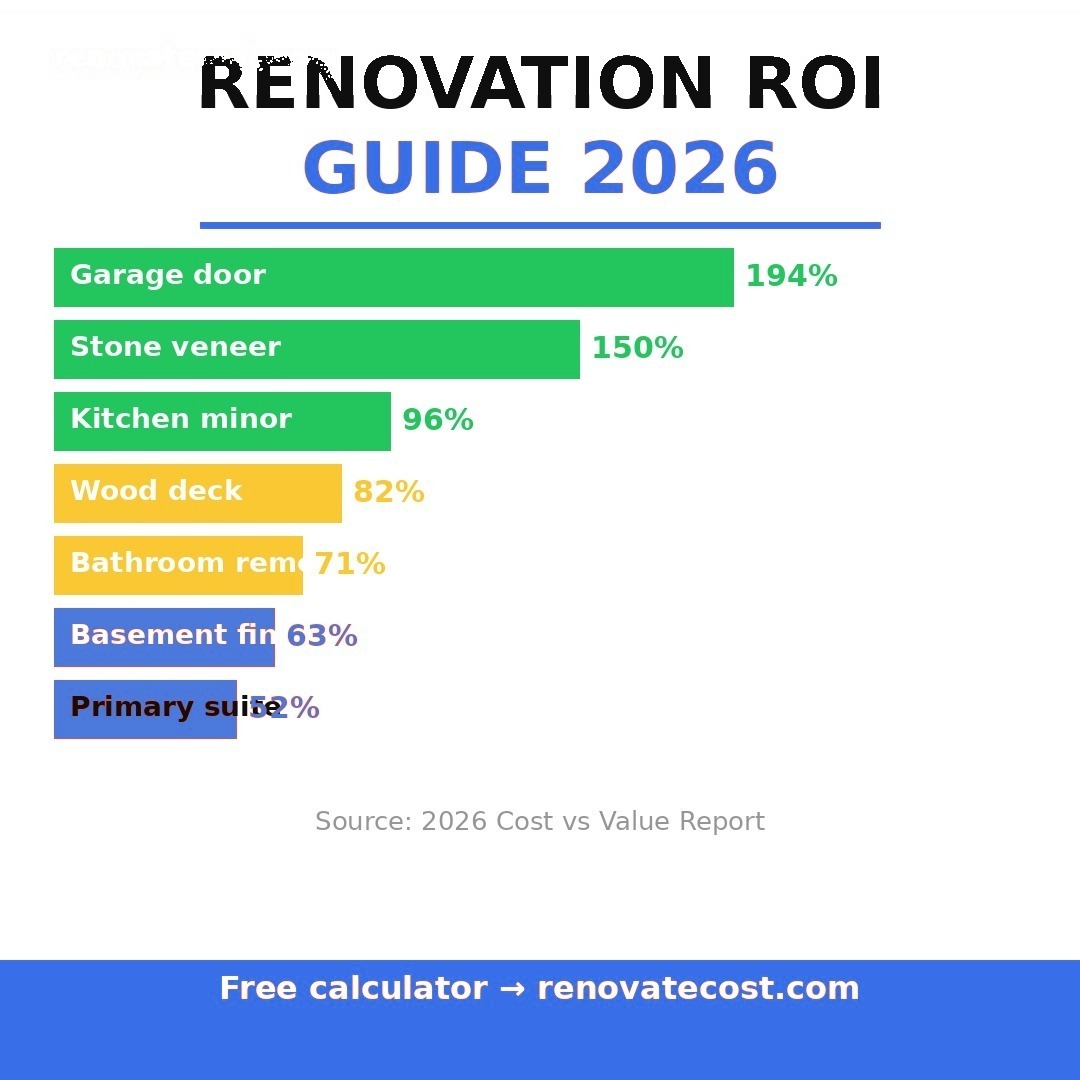 Renovation ROI ranking for 2026 — garage door replacement returns 194%, stone veneer 150%, minor kitchen remodel 96%, wood deck 82%, bathroom remodel 71%, basement finish 63%, primary suite addition 52%.