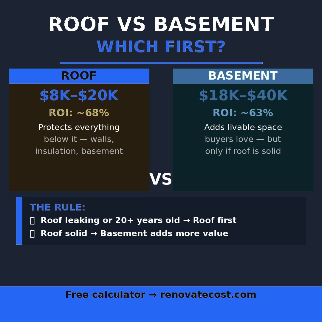 Roof versus basement renovation priority — a roof replacement runs $8K-$20K with about 68% ROI and protects everything below it, while a basement finish runs $18K-$40K with about 63% ROI and adds livable space.